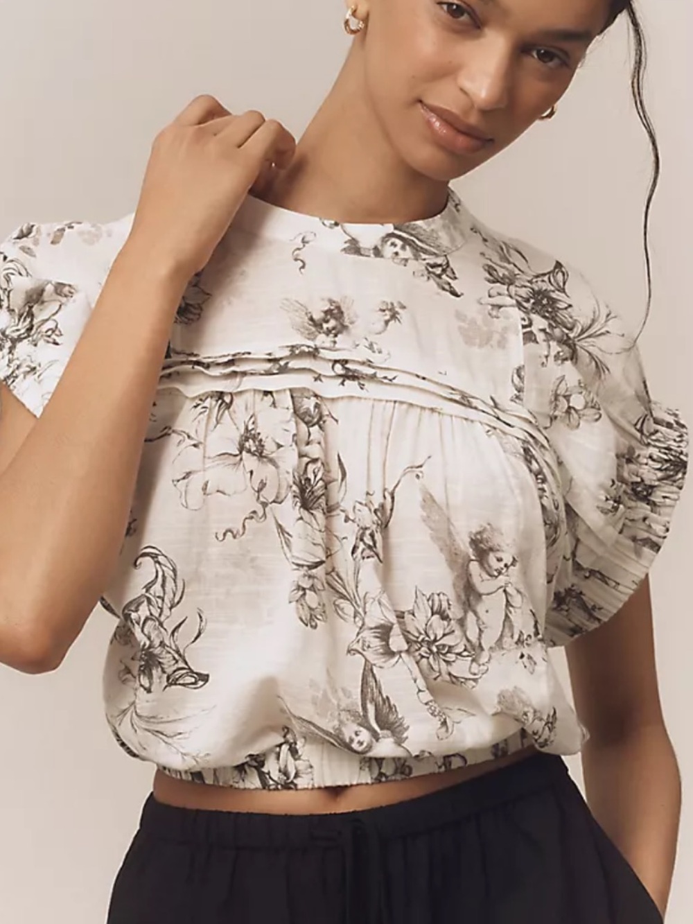 NWT Pilcro top Womens White Floral Angel Print Puff-Sleeve Top medium